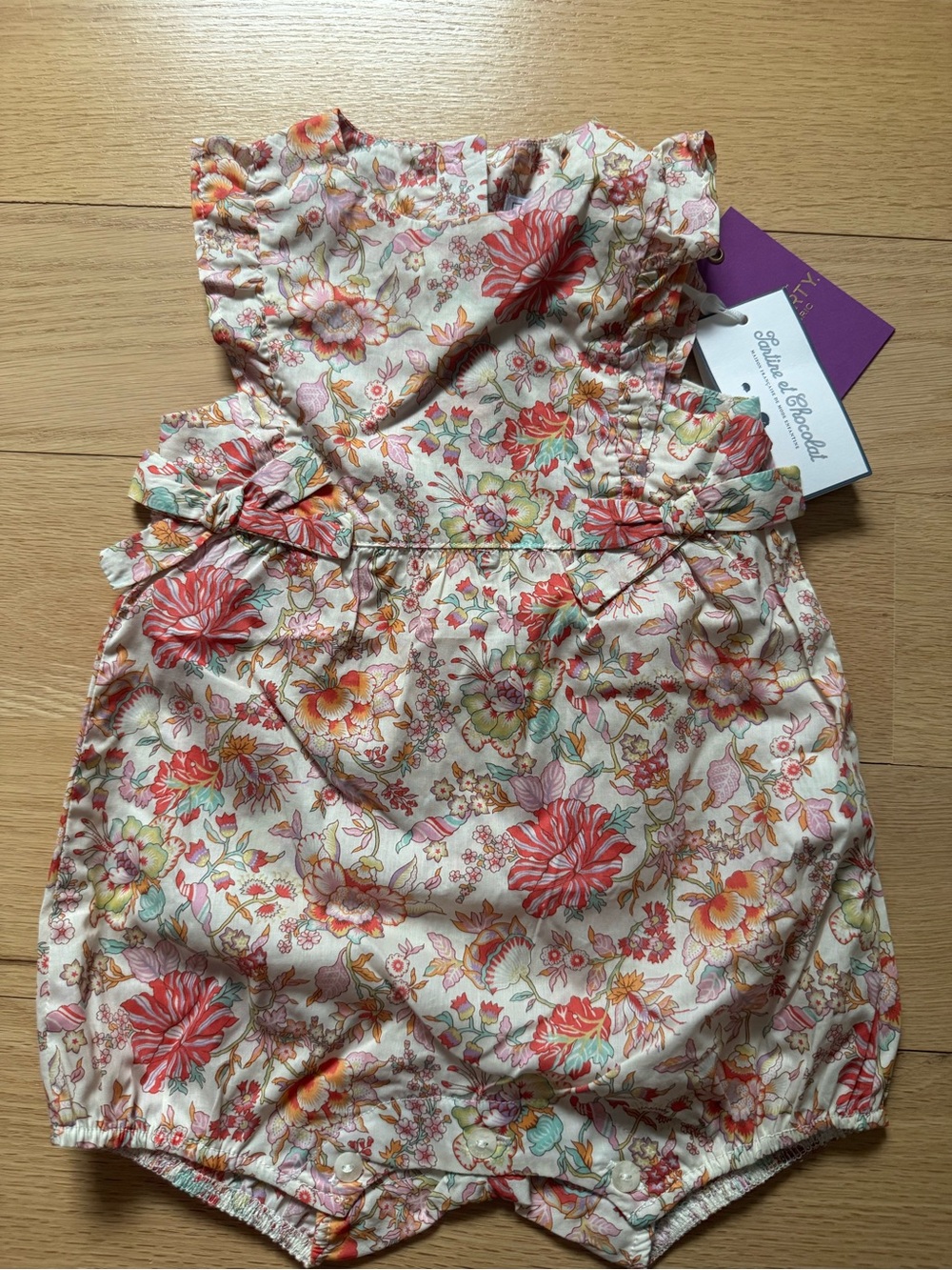 Tartine et Chocolat Liberty Floral Cotton Baby Romper in Cream, Coral & Green